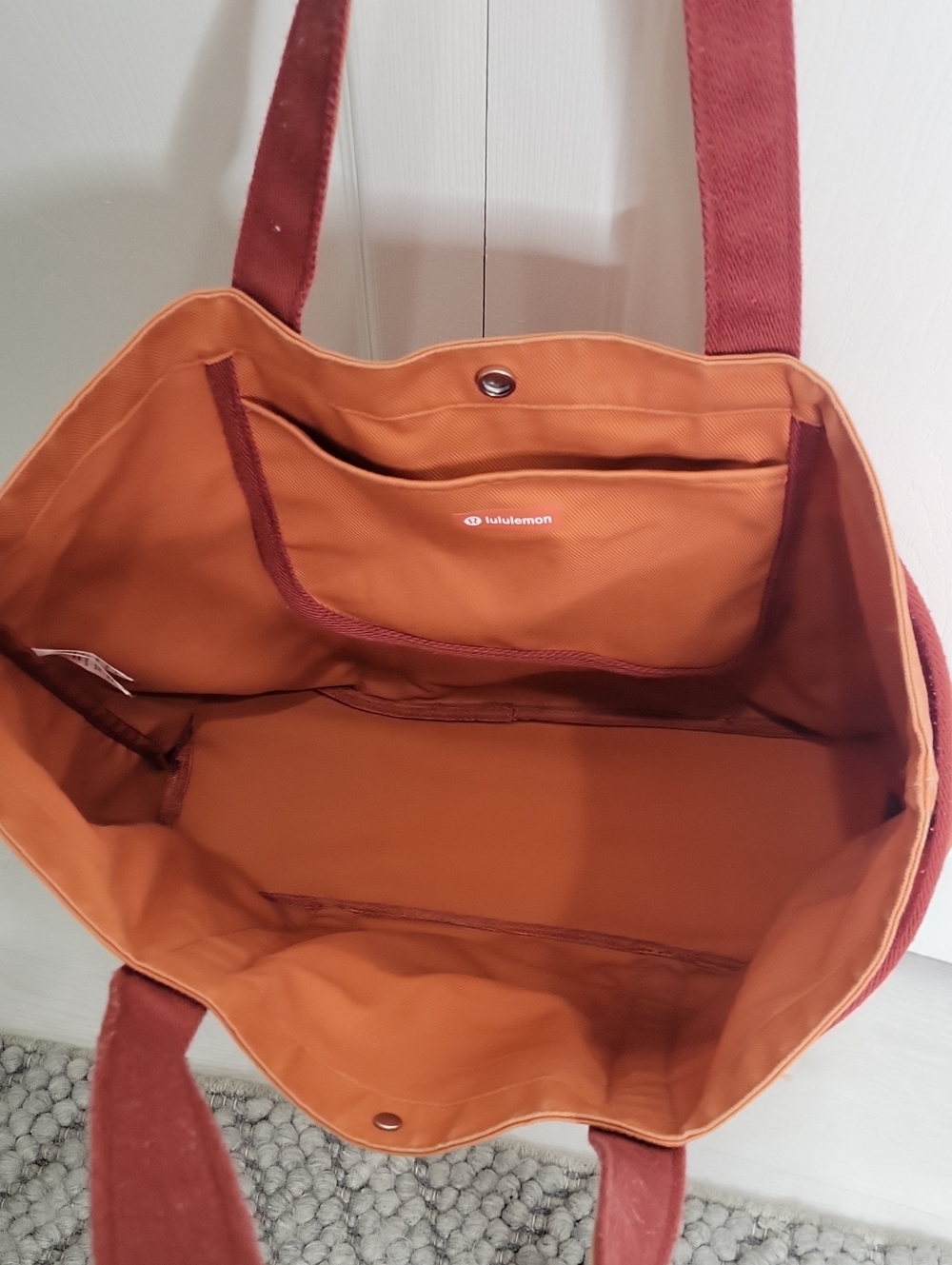 Lululemon Athletica Orange Daily Multi-Pocket Canvas Tote with Burgundy Trim - Picture 4 of 6